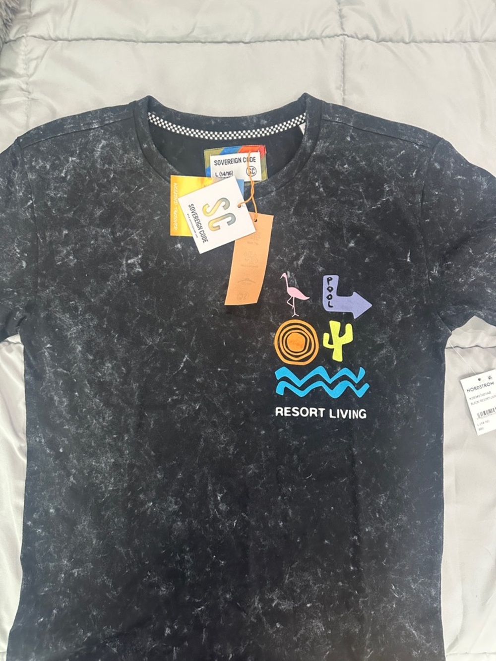 Sovereign Code Black Mineral Wash Tee with Colorful Resort Motif